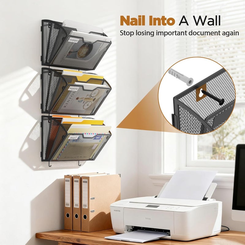 Docnest 3 Tier Mesh Wall File Holders with Hooks – 3 Pack Hanging Letter Holder - Document Organizer for Mail, Paper, Office, Home, School – Space-Saving Wall Mounted Folder Holder – Black - Image 4